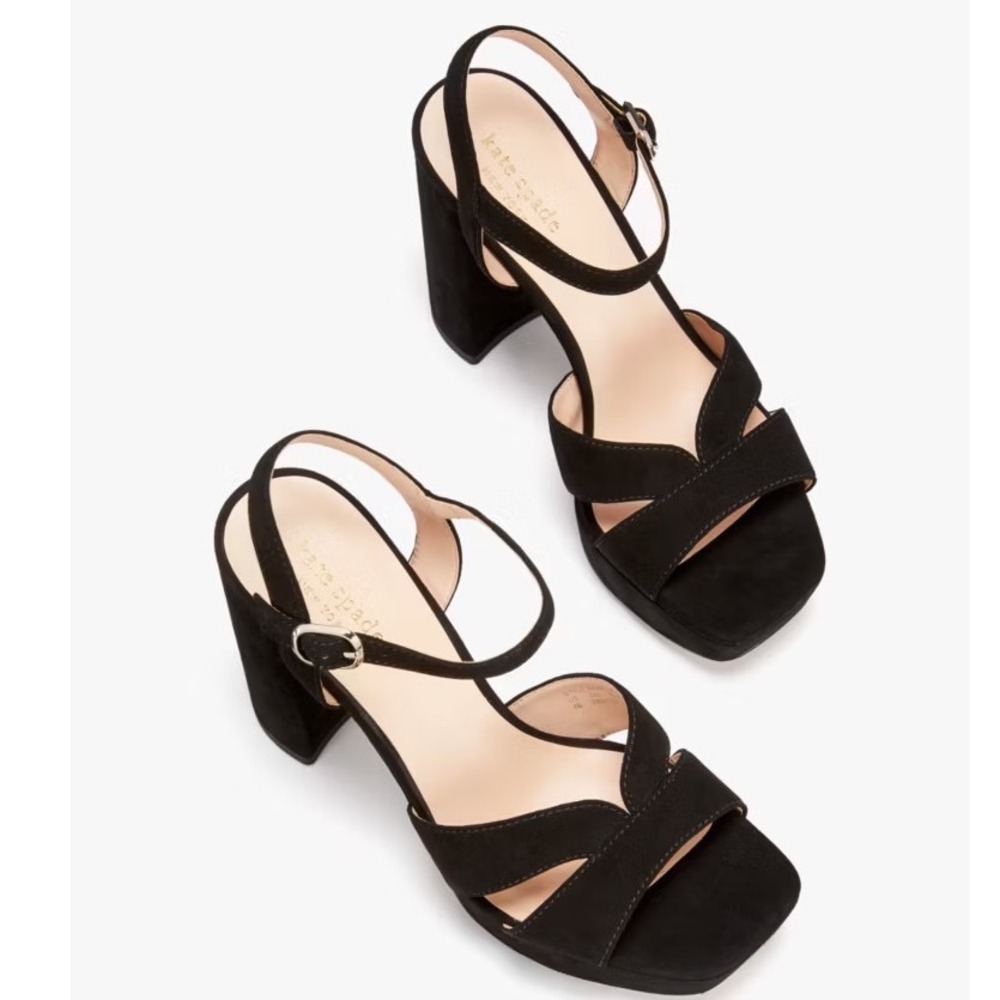 Kate Spade Delight Black Suede Platform Block Heel Sandals Square Toe  9B